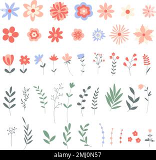 Spring flowering wild flowers and foliage. Flowers and herbs set. Hand drawn floral botanical bunch. Isolated flat illustration, vector Stock Vector