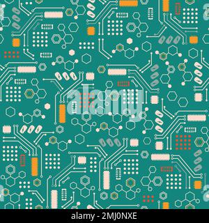 Office Robots mother-board in light creme, yellow and reddish colors on a technical green background Stock Vector