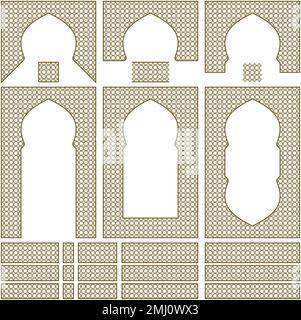 Arches, frames and additional design elements. Arabic geometric ornament.Brown color. Stock Vector