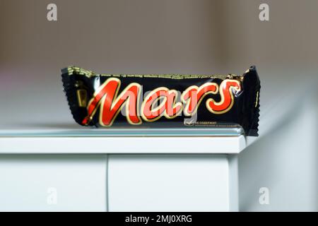 Tyumen, Russia-October 14, 2022: Mars chocolate bar. Mars, Incorporated is an American multinational manufacturer of confectionery. Selective focus Stock Photo