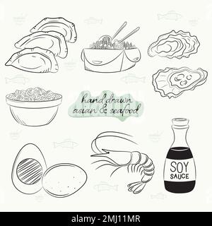 a set of hand drawn asian and seafood Stock Vector