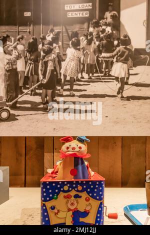 Exhibit about life for children in incarceration at NPS Visitor Center at Manzanar National Historic Site, Owens Valley, California, USA Stock Photo