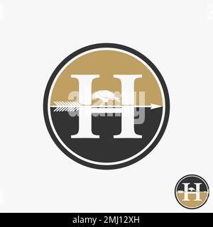 Simple and unique letter or word H serif font with arrow and bird on circle block graphic logo design abstract concept vector stock classic or initial Stock Vector