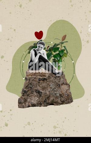 Photo artwork minimal collage picture of dreamy charming lady sitting jungle rock isolated drawing background Stock Photo