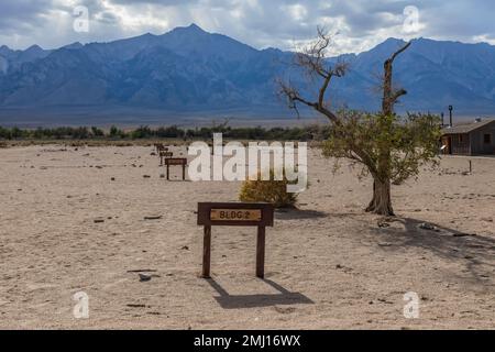 Layout of barracks and other buildings in Block 14 at Manzanar National Historic Site, Owens Valley, California, USA Stock Photo
