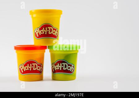 Cardiff Mid Glamorgan Wales UK January 27 2023 cans of play doh modelling clay play dough in small sealable tubs for creating art and sculptures Stock Photo