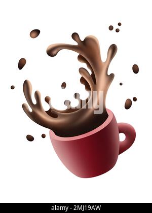 Falling cup of coffee with splashes and drops of coffee in 3d style. A cup of coffee in motion with appetizing chocolate splashes. Stock Photo