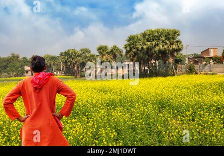 Indian farmer standing beside an agriculture field and looks at his ripe crops waiting to be harvested at a village in Hampi Karnataka Stock Photo