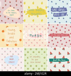 Vector fruit pattern quote social media post template set Stock Vector