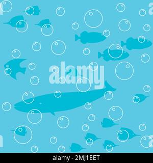 Seamless pattern with fish silhouettes and bubbles Stock Vector