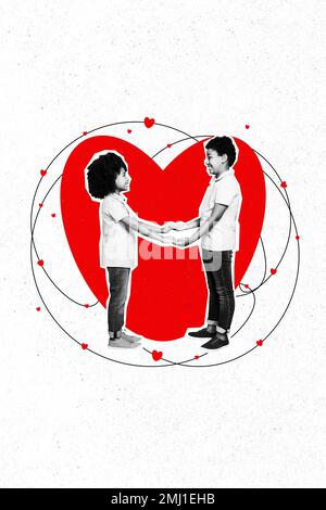 Vertical collage picture of two adorable kids black white gamma hold arms big painted red heart isolated on creative background Stock Photo