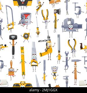 Seamless pattern. Cartoon DIY and construction tools characters. Textile print, vector wrapping paper backdrop with cute hacksaw, sledgehammer and brush, bubble level, toolbox and screwdriver, cutters Stock Vector