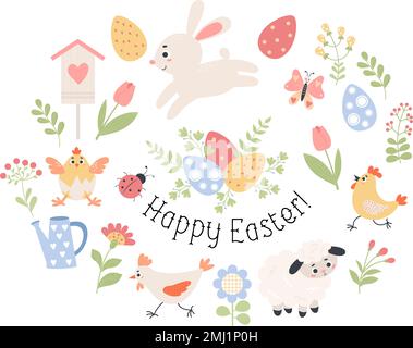 Spring Easter collection. Easter eggs, animals, insects and flowers. Vector illustration in flat style. Isolated holiday symbols in flat cartoon style Stock Vector