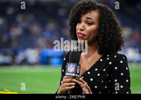 MJ Acosta of the NFL Network works before before an NFL football game  between the Oakland Raiders and the Indianapolis Colts in Indianapolis,  Sunday, Sept. 29, 2019. (AP Photo/Doug McSchooler Stock Photo 