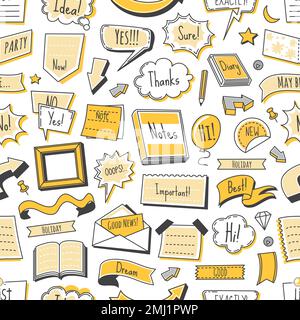 Bullet journal seamless pattern, doodle diary calendar banners, ribbons, arrows. Vector background with element for sketchbook, message, notebook, sticker or border with clouds in linear style Stock Vector
