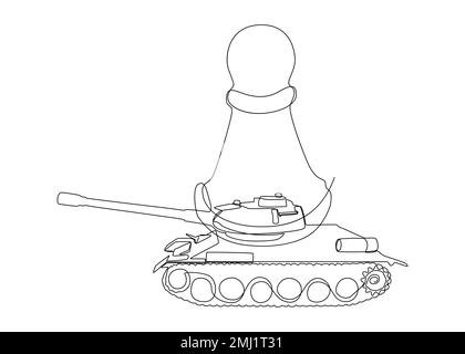 One continuous line of Chess Pawn with Armored Tank. Thin Line Illustration vector concept. Contour Drawing Creative ideas. Stock Vector