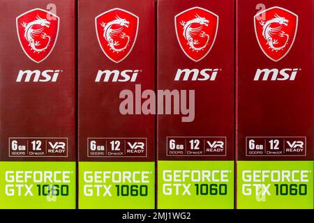 Kyiv, Ukraine - 27 January 2022: Four packages in a row Nvidia Geforce GTX 1060 graphics illustrative editorial. Components for a personal computer - Stock Photo
