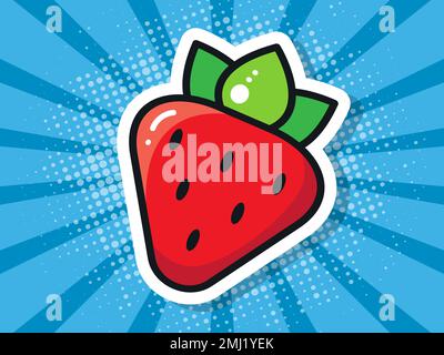 Sticker red strawberries on a blue background. Pop art poster. Vector illustration. Stock Vector