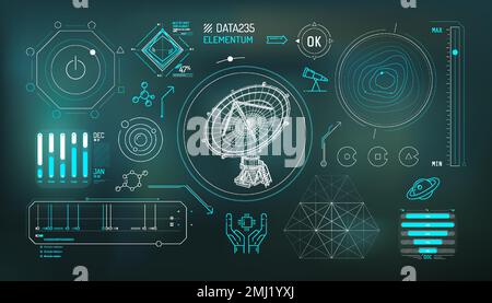 Set of infographic elements about radio astronomy and space observation. Stock Vector