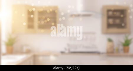 Blur background interior design, minimalistic classic kitchen with wooden and white details Stock Photo