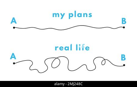 Path concept. Plans in real life. Point b and a. Find real way distance. Flat graphic vector illustrations isolated Stock Vector