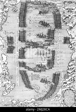 Battle of Lepanto, 1571.  Engraved print shows formations of Venetian and Turkish ships facing off in battle in the waters in the Gulf of Corinth (Greece) in October, 1571
