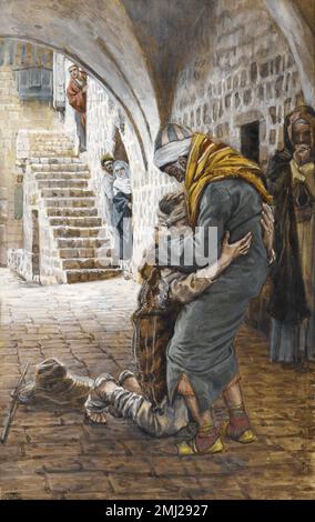 James Tissot. Painting entitled 'The Return of the Prodigal Son (Le retour de l'enfant prodigue)' by the French artist, Jacques Joseph Tissot (1836 -1902), opaque watercolor over graphite on gray wove paper, c.1886-94. Stock Photo