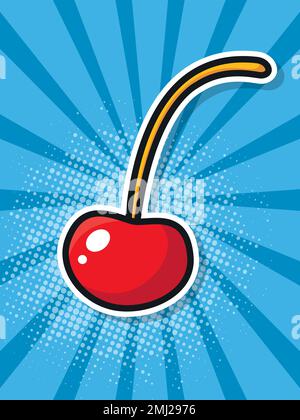 Sticker red cherry on a blue background. Pop art poster. Vector illustration. Stock Vector