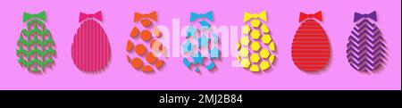 colorful Easter eggs, set icons. Egg set isolated on pink background. Fashion design texture. Decoration Happy Easter celebration. Holiday elements Stock Vector