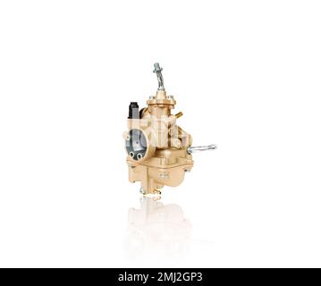 New motorcycle carburetor isolated on white background with reflection and clipping path. Motorbike parts concept Stock Photo