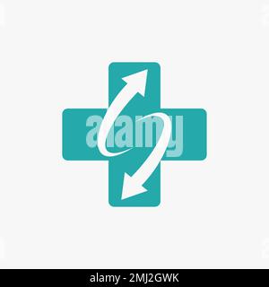 Simple and unique red cross or plus with flip 2 arrow like letter S font graphic icon logo design abstract concept vector stock medical or initial Stock Vector