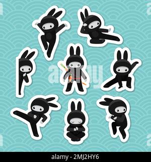 Cute bunny ninja in various poses stickers  Stock Vector