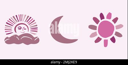 Cute whimsical sun and moon set of vector motifs. Illustration of night and day sky collection for children clipart.  Stock Vector