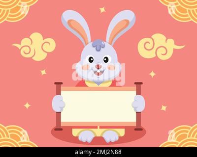 Flat Illustration of Rabbit Holding a Traditional Chinese Paper Roll. Chinese New Year Vector Illustration. Stock Vector