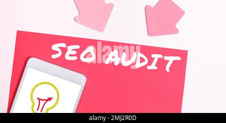 Text caption presenting Seo Audit, Word for Search Engine Optimization validating and verifying process Stock Photo