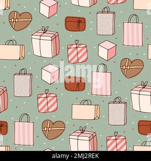 Cute doodle Gifts seamless pattern. Hand-drawn presents bag on neutral dots background. Stripes, bow surprise packages. Holiday, Valentines Day, Birth Stock Vector
