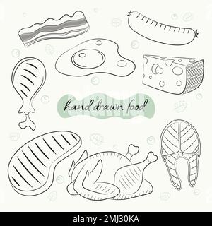 a set of hand drawn meat food, fried eggs and cheese Stock Vector