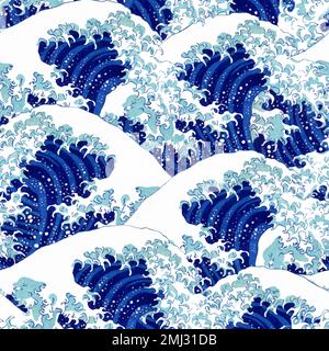 Japanese blue wave pattern vector, remix of artwork by Watanabe Seitei Stock Vector