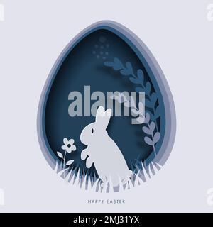 Happy easter greeting card template. paper cut illustration of easter rabbit, grass, flowers and blue egg shape. Stock Vector