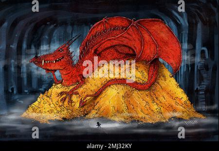 Illustration referencing the famous legends of dragons sitting on hoard of gold, fantasy novels repeat this myth, red dragon, dragon hoard, gold pile. Stock Photo