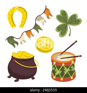 st patrick clover coin horseshoe drum illustration set Stock Vector