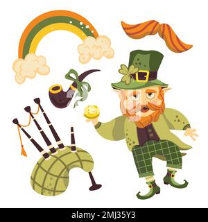 illustration set of saint patrick bagpipe leprechaun pipe Stock Vector