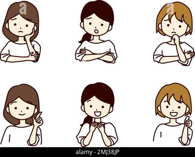 Young women's worries and happy facial expressions. Stock Vector