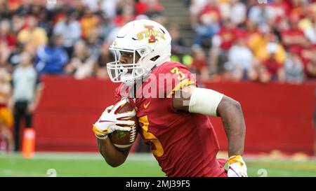 Iowa State running back Kene Nwangwu (3) celebrates his touchdown with  teammate Sean Shaw Jr. (2) during the first half of an NCAA college  football game against Kansas in Lawrence, Kan., Saturday