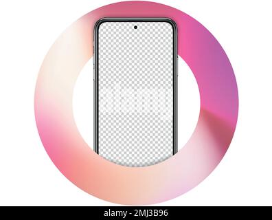 Realistic smart phone vector mockup in the gradient circle. 3d cell phone with blank transparent screen. Women cell phone template on colorful background. Illustration of cellphone 3d screen on white Stock Vector
