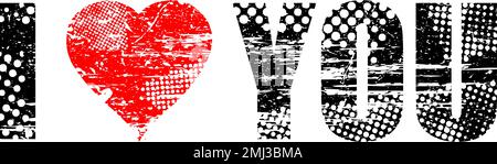 I Love You glich distorted text. Vector illustration. Grunge texture. Trendy defect error shape. Distressed artistic design element for Valentines Day Stock Vector