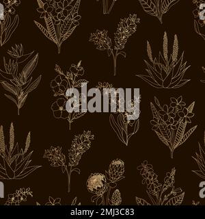 Vector seamless pattern of gold tropical flowers on black background. Hand drawn     floral background. Sketch style tropic design elements Stock Vector