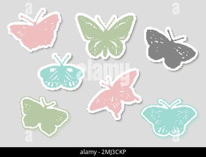 Vector set of hand drawn black and white stickers with butterflies. Engraving vintage illustration in pastel colors. Realistic insects isolated on gre Stock Vector