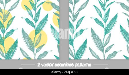 Vector collection of seamless patterns with green tropical leaves with yellow circles isolated on white background. Hand drawn natural background. Gra Stock Vector