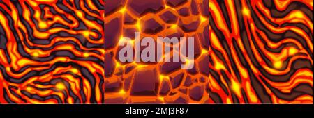 Textures of lava, magma and stones. Seamless patterns of volcano rock surface with cracks and flows of hot molten liquid lava in top view, vector cart Stock Vector